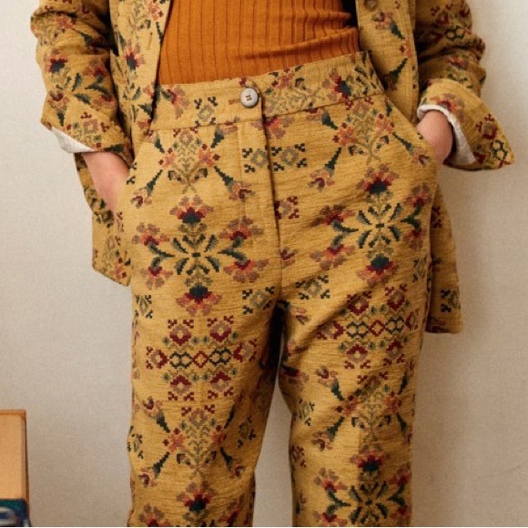 Sezane NWT Rare Floral Damon Ankle Trousers in Jacquard Sun (Yellow); Size 6. - Picture 3 of 8